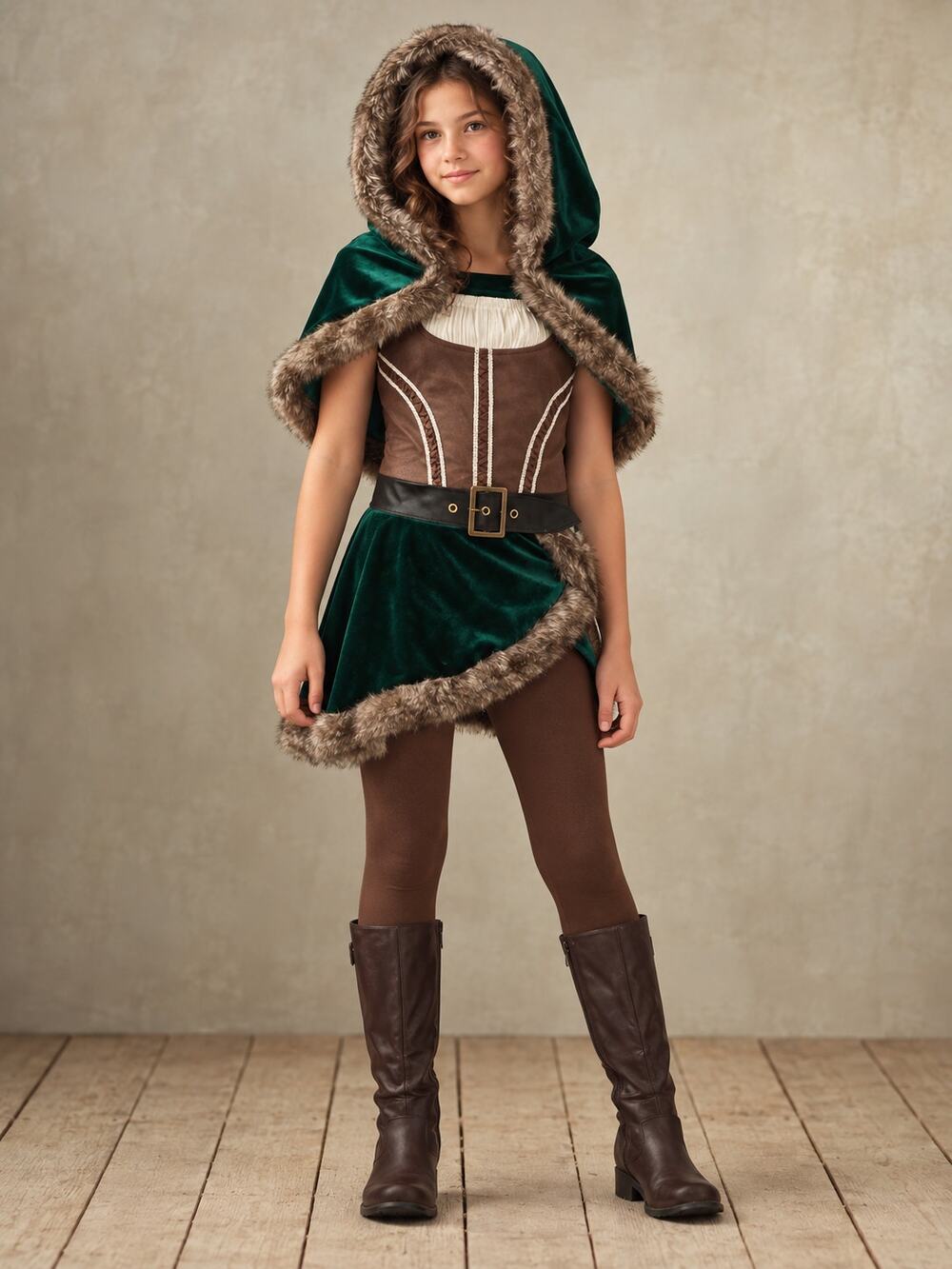 Chasing Fireflies Girls Woodland Archer Costume Green Hooded Cape & Leggings 12